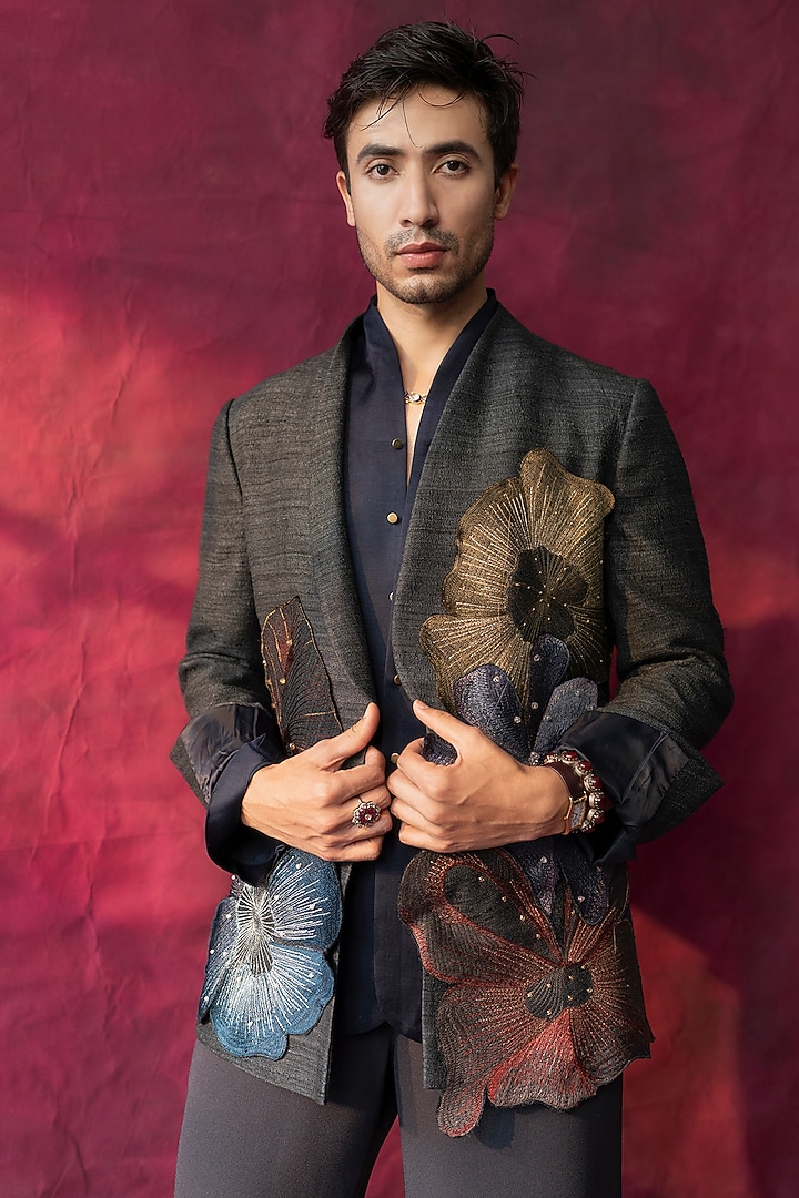 Charcoal Grey Raw Silk Hand Embroidered Blazer Set by Jatin Malik at Pernia's Pop Up Shop