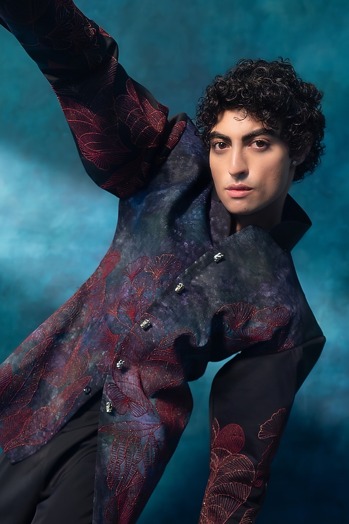 Black Cotton Hand Paint & Embroidered Blazer Set by Jatin Malik at Pernia's Pop Up Shop
