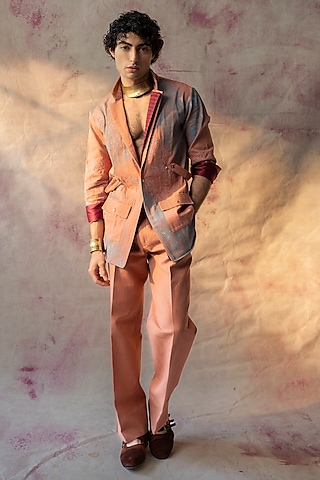 Blush Pink Cotton Twill Embroidered Blazer Set by Jatin Malik