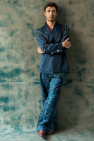 Midnight Blue Linen Silk Embroidered Blazer Set by Jatin Malik