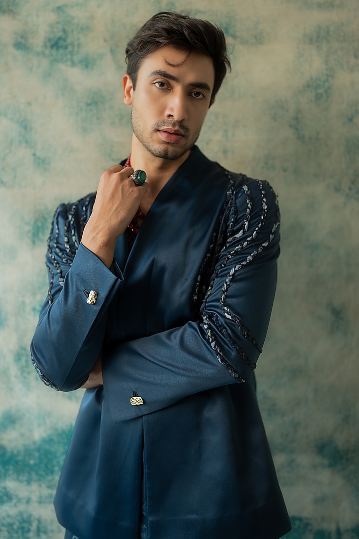 Midnight Blue Linen Silk Embroidered Blazer Set by Jatin Malik at Pernia's Pop Up Shop