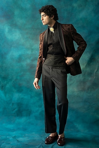 Black Linen Silk Floral Embroidered Blazer Set by Jatin Malik