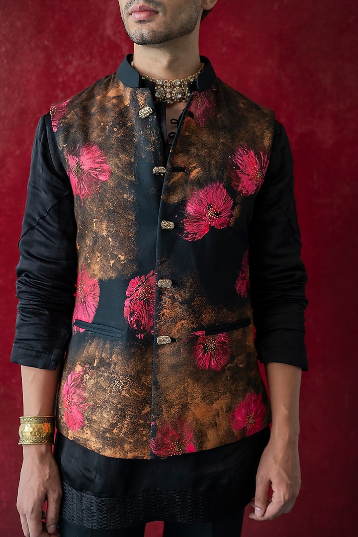 Black Modal Rayon Nehru Jacket Set by Jatin Malik at Pernia's Pop Up Shop