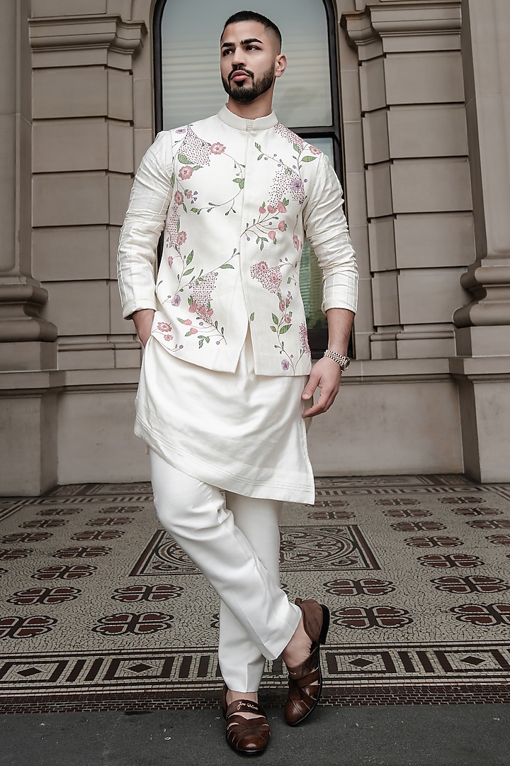 White Slub Silk Hand Painted Nehru Jacket Set by Jatin Malik at Pernia's Pop Up Shop