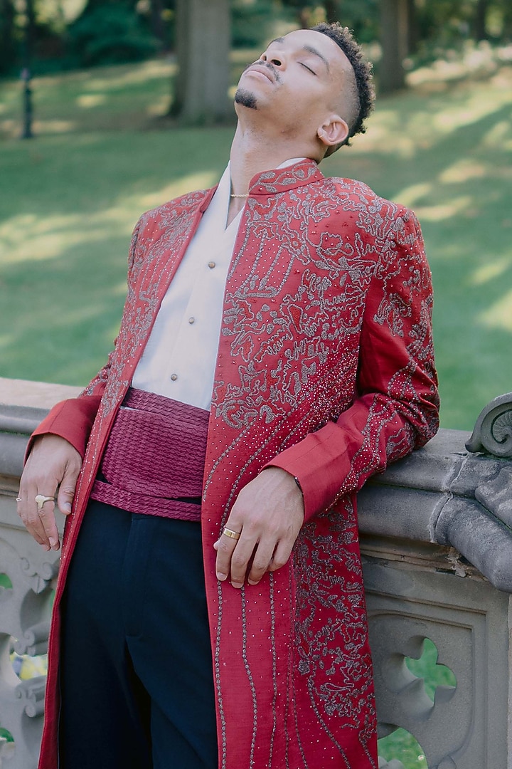 Crimson Red Linen Silk Zari Embroidered Groom Indowestern Set by Jatin Malik at Pernia's Pop Up Shop