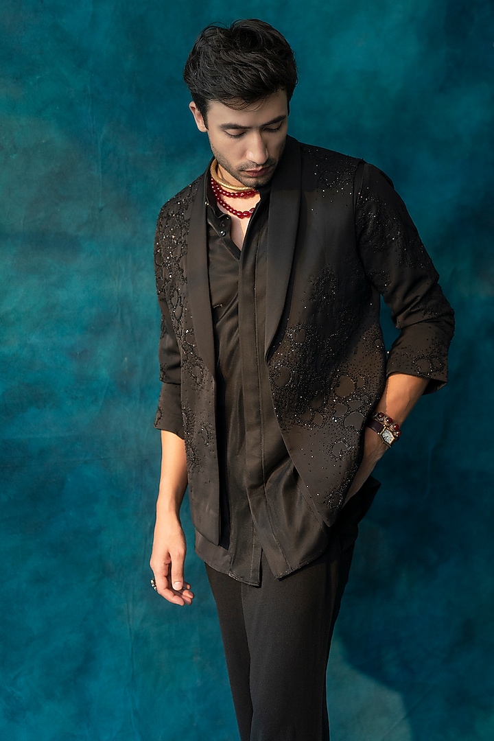 Black Twill Hand Embroidered Open Nehru Jacket Set by Jatin Malik at Pernia's Pop Up Shop