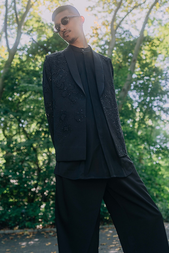 Black Twill Hand Embroidered Open Nehru Jacket Set by Jatin Malik at Pernia's Pop Up Shop