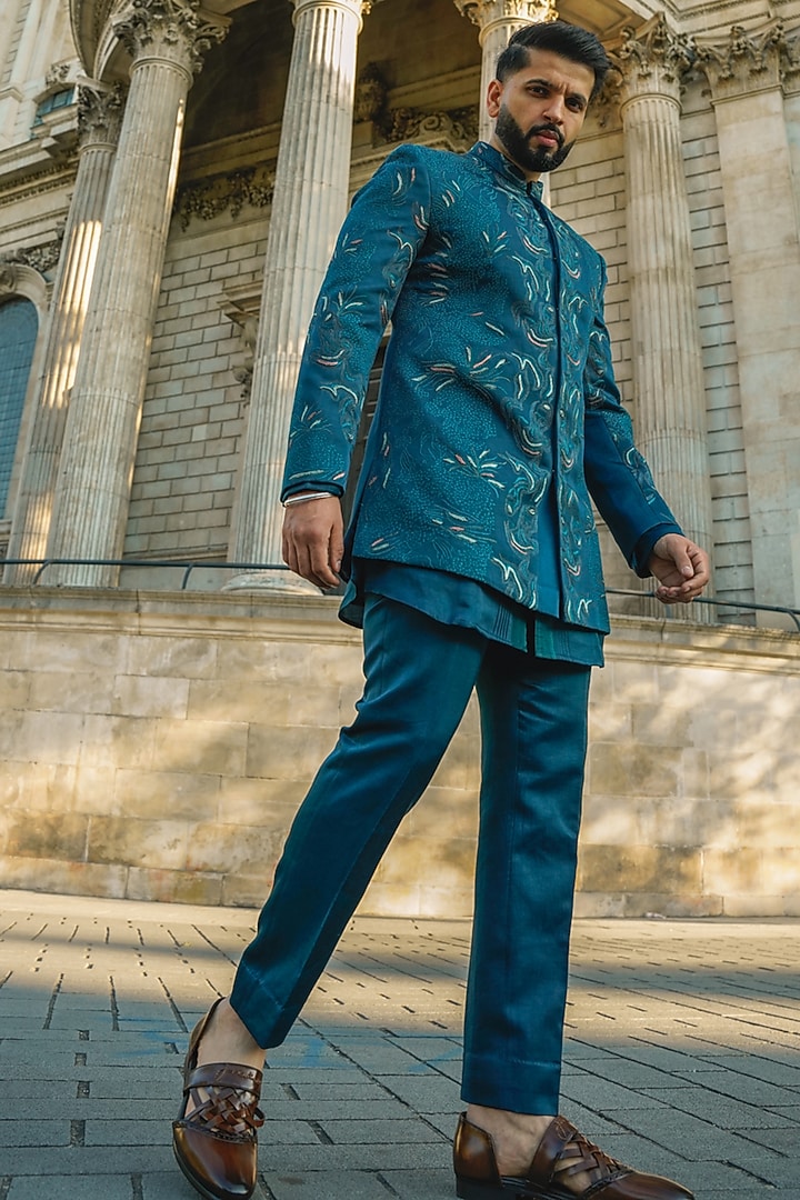 Teal Blue Linen Silk Embroidered Groom Bandhgala Set by Jatin Malik at Pernia's Pop Up Shop