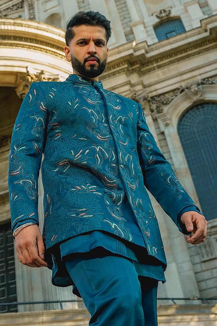 Teal Blue Linen Silk Embroidered Groom Bandhgala Set by Jatin Malik at Pernia's Pop Up Shop