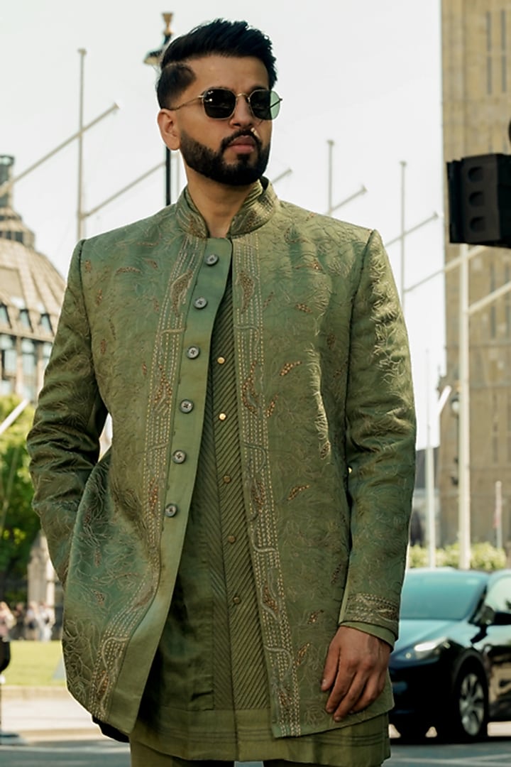 Sage Green Linen Silk Dori Work Groom Bandhgala Set by Jatin Malik at Pernia's Pop Up Shop