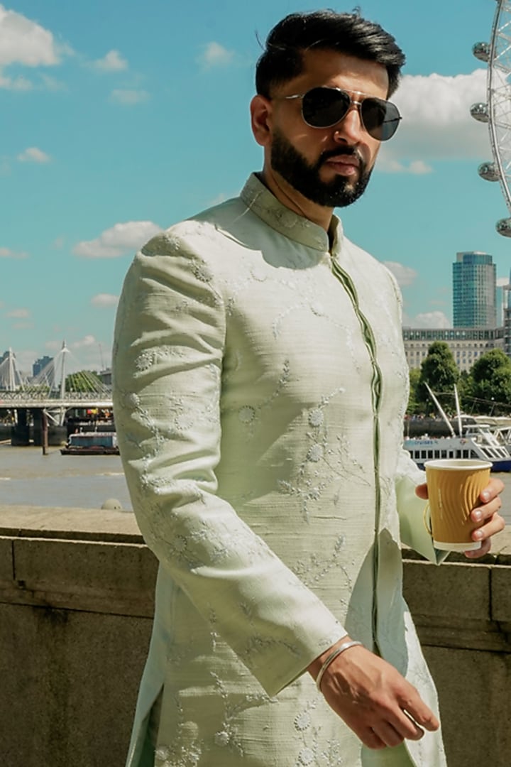 Duck Egg Raw Silk Embroidered Achkan Jacket Set by Jatin Malik at Pernia's Pop Up Shop