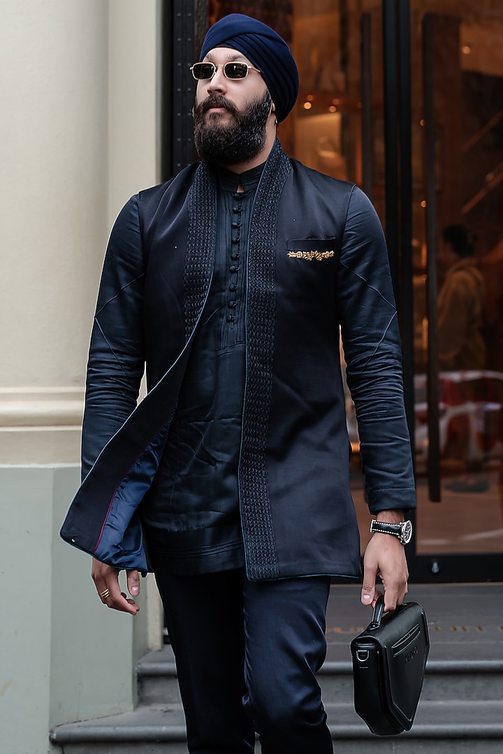 Midnight Blue Linen Silk Dabka Work Wedding Indowestern Set by Jatin Malik at Pernia's Pop Up Shop