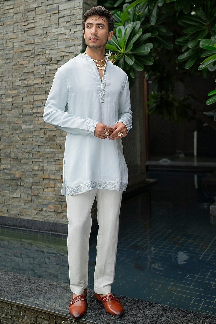 Ice Blue Linen Silk Embroidered Kurta Set by Jatin Malik at Pernia's Pop Up Shop