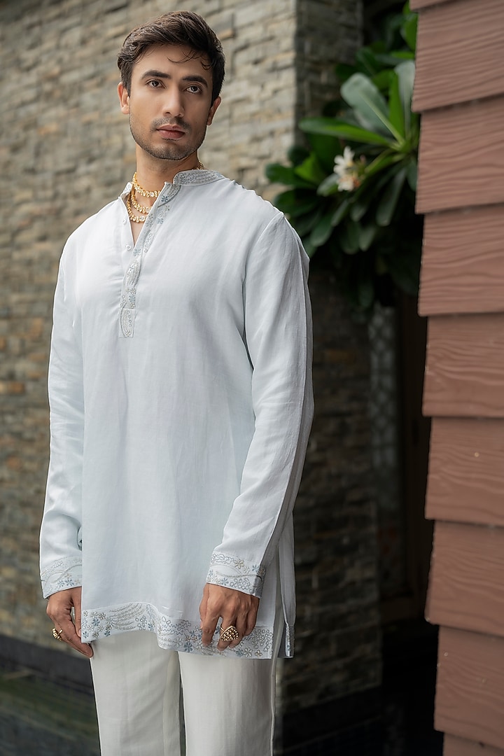 Ice Blue Linen Silk Embroidered Kurta Set by Jatin Malik at Pernia's Pop Up Shop