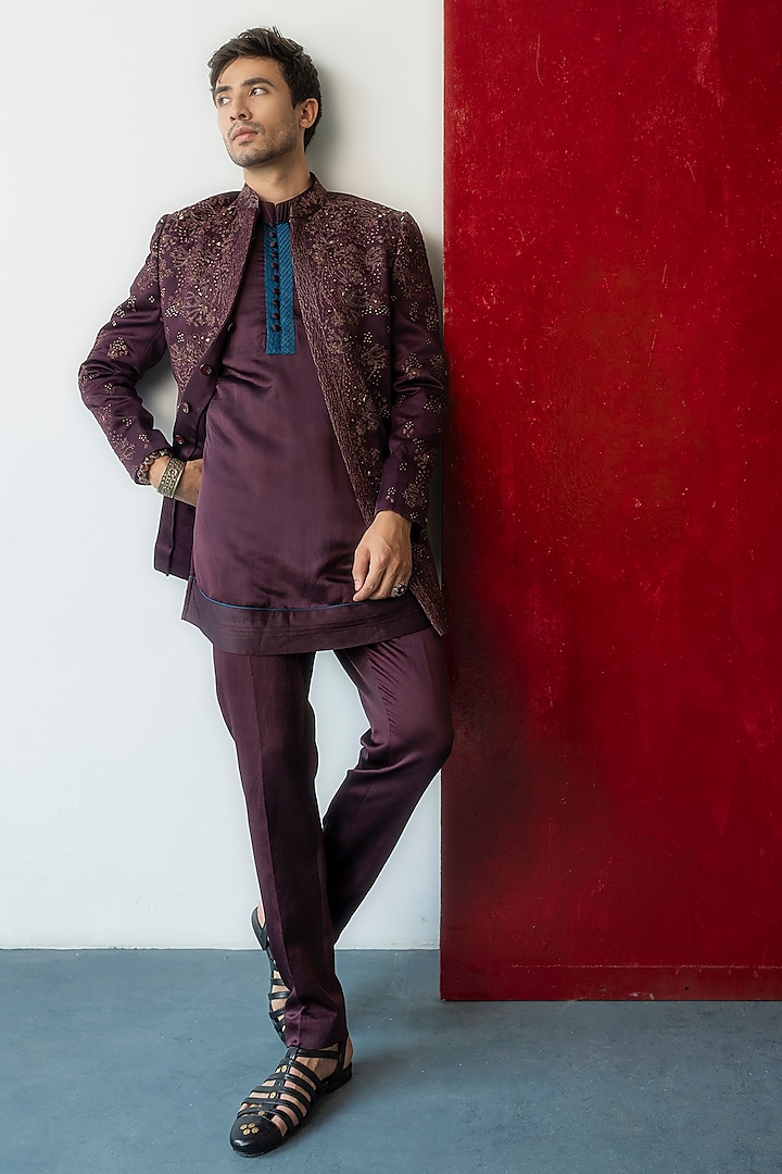 Deep Wine Linen Silk Kurta Set by Jatin Malik