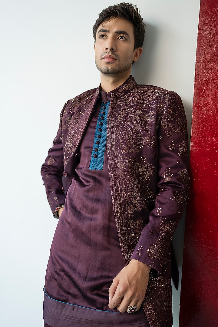 Deep Wine Linen Silk Kurta Set by Jatin Malik at Pernia's Pop Up Shop