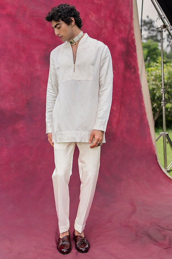 White Linen Silk Moti Work Kurta Set by Jatin Malik at Pernia's Pop Up Shop