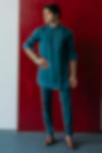 Teal Green Linen Silk Moti Work Kurta Set by Jatin Malik