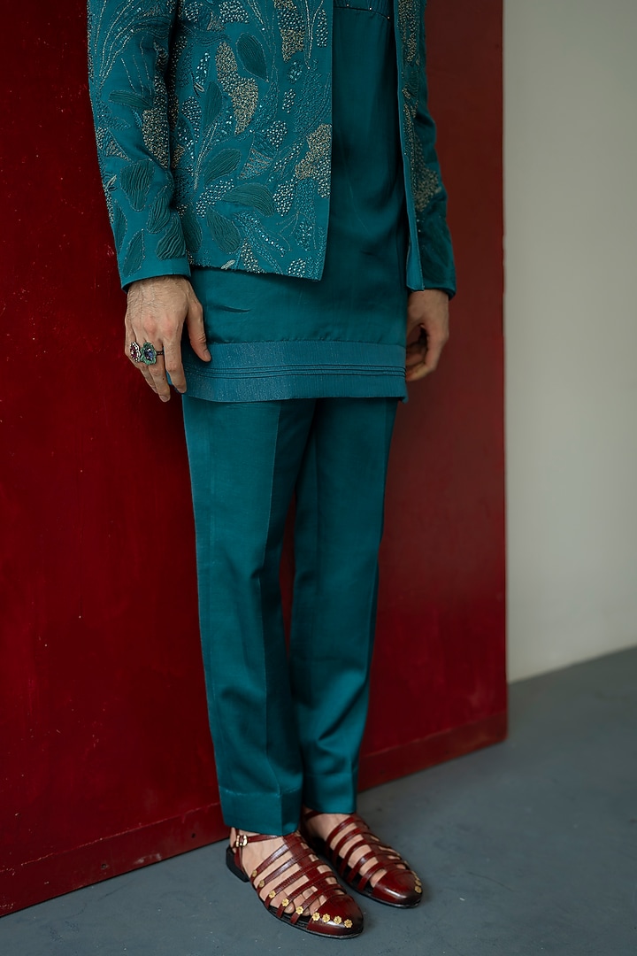 Teal Green Linen Silk Moti Work Kurta Set by Jatin Malik at Pernia's Pop Up Shop