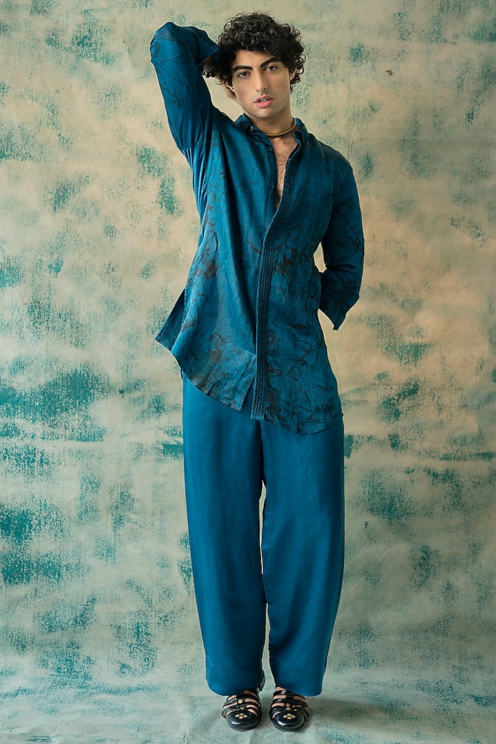 Teal Blue Linen Silk Printed Kurta Set by Jatin Malik