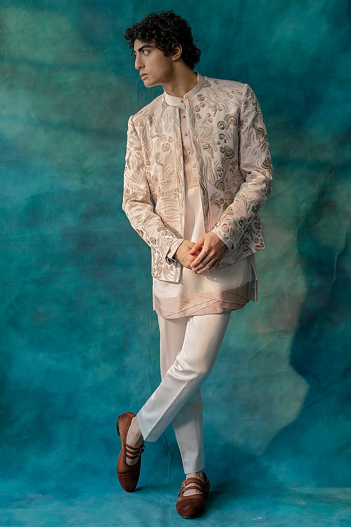 Greyish-Lilac Linen Silk Kurta Set by Jatin Malik