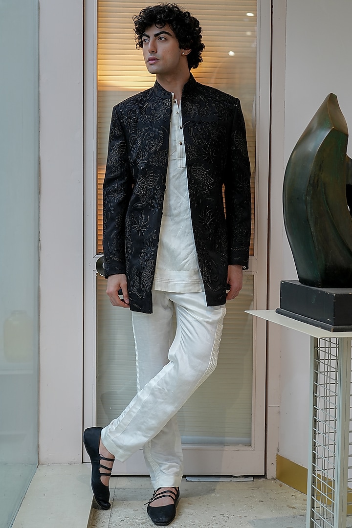 Black Linen Silk Hand Embroidered Wedding Bandhgala Jacket by Jatin Malik at Pernia's Pop Up Shop