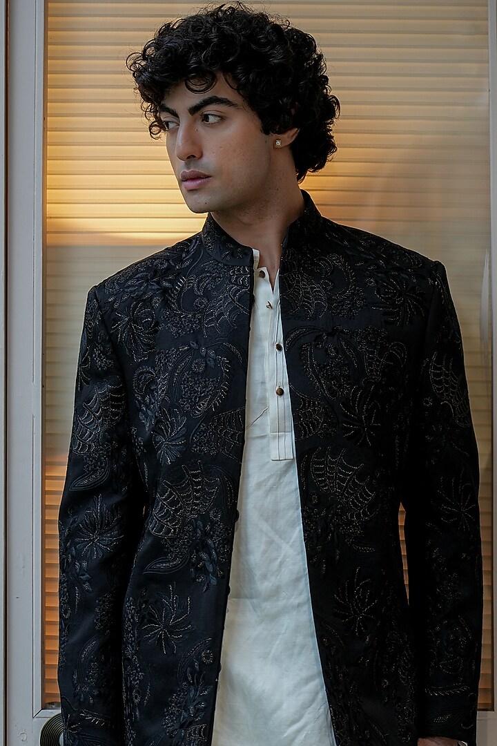 Black Linen Silk Hand Embroidered Wedding Bandhgala Jacket by Jatin Malik at Pernia's Pop Up Shop