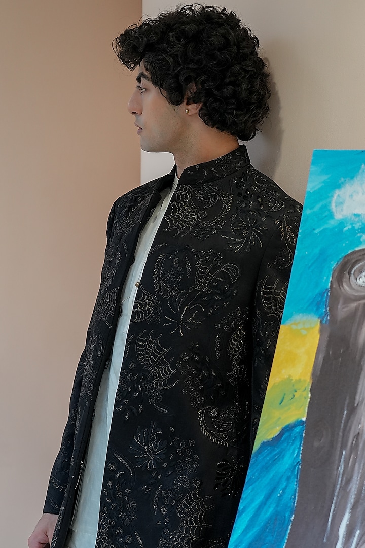 Black Linen Silk Hand Embroidered Wedding Bandhgala Jacket by Jatin Malik at Pernia's Pop Up Shop