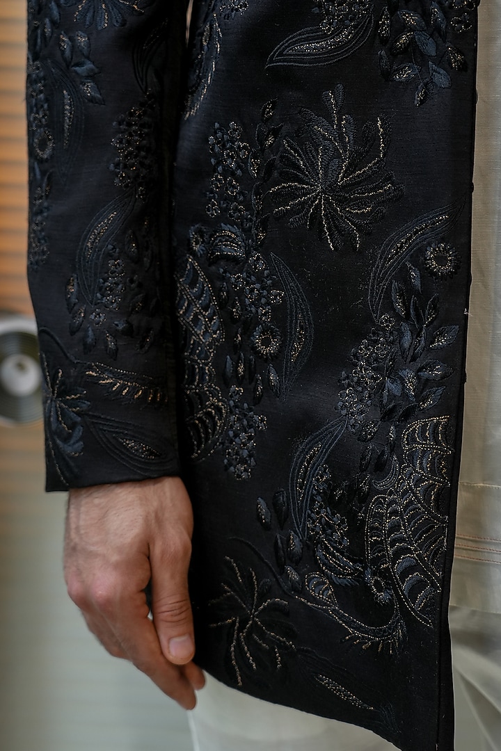 Black Linen Silk Hand Embroidered Wedding Bandhgala Jacket by Jatin Malik at Pernia's Pop Up Shop