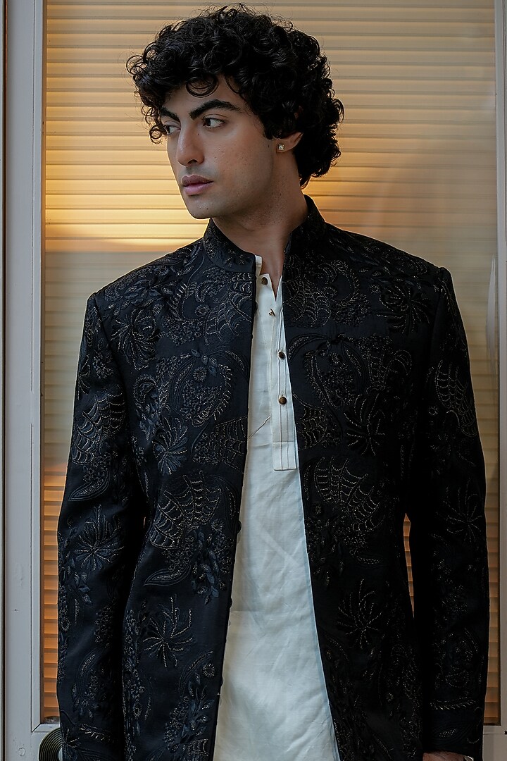 Black Linen Silk Hand Embroidered Groom Bandhgala Set by Jatin Malik at Pernia's Pop Up Shop