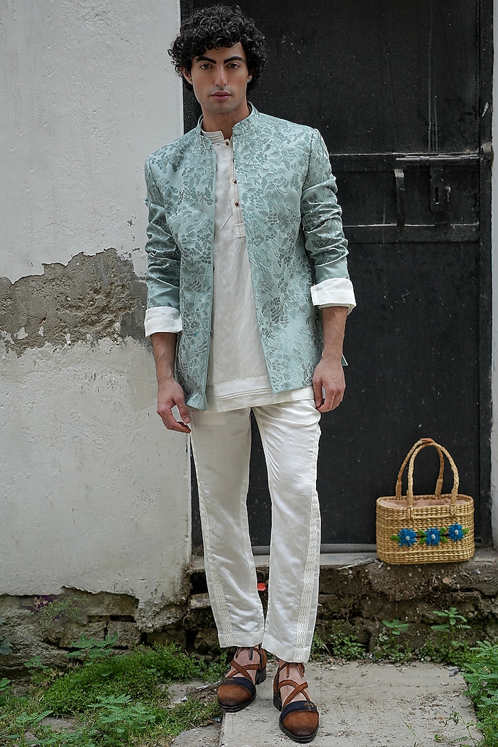 Chateau Grey Linen Silk Hand Embroidered Bandhgala Jacket by Jatin Malik