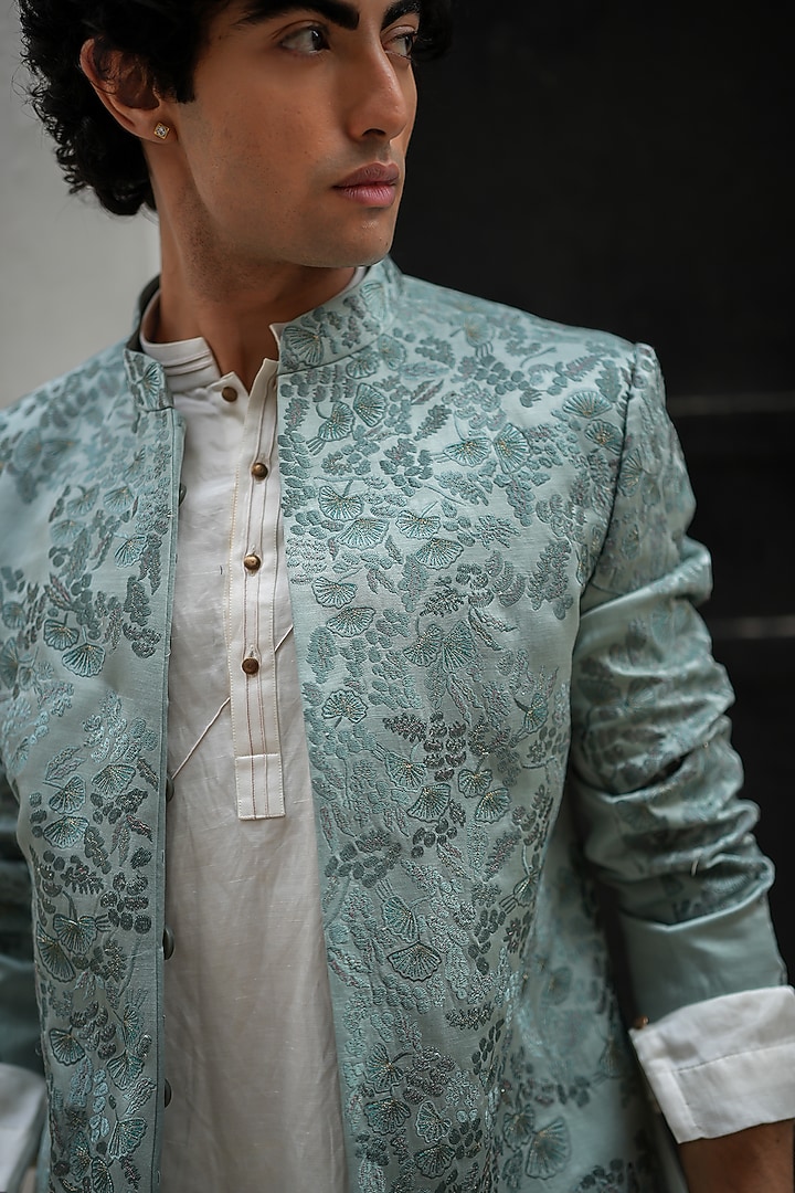 Chateau Grey Linen Silk Hand Embroidered Wedding Bandhgala Jacket by Jatin Malik at Pernia's Pop Up Shop