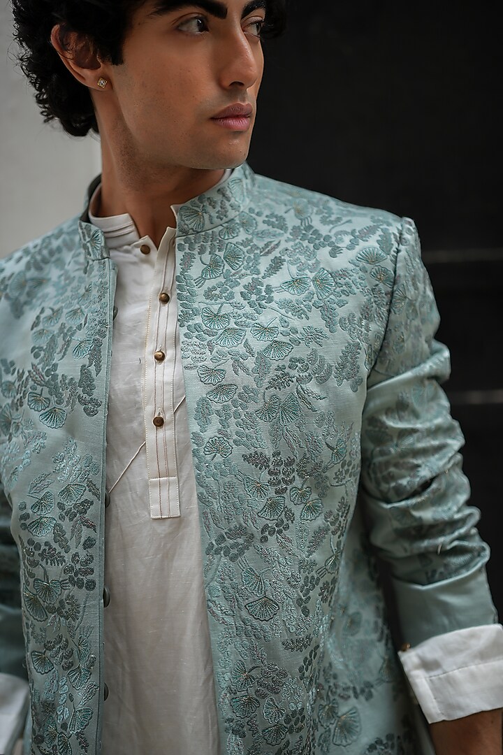 Chateau Grey Linen Silk Hand Embroidered Groom Bandhgala Set by Jatin Malik at Pernia's Pop Up Shop