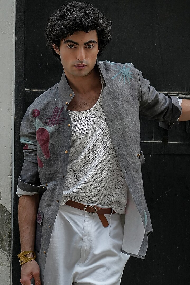 Charcoal Grey Cotton Linen Pant Set by Jatin Malik at Pernia's Pop Up Shop