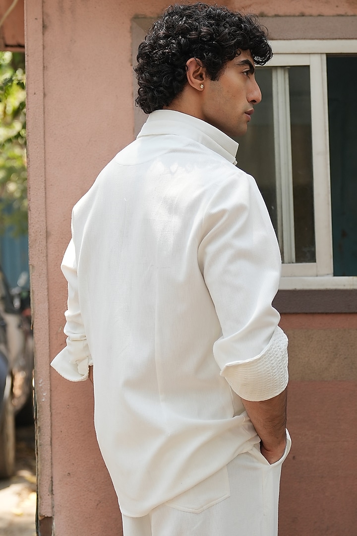 White Knit Linen OverWedding Shirt by Jatin Malik at Pernia's Pop Up Shop