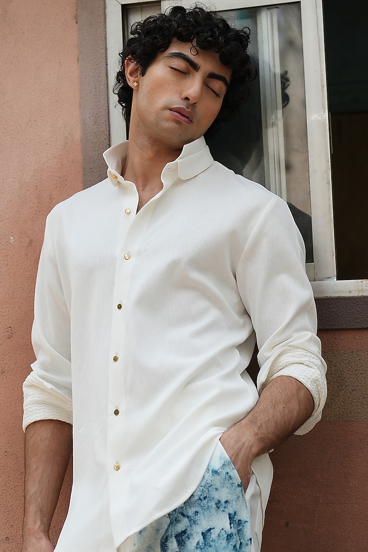 White Knit Linen OverWedding Shirt by Jatin Malik at Pernia's Pop Up Shop