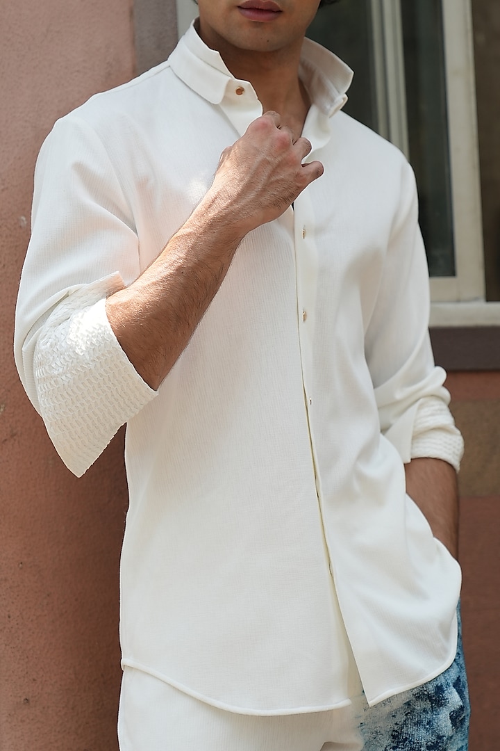 White Knit Linen OverWedding Shirt by Jatin Malik at Pernia's Pop Up Shop