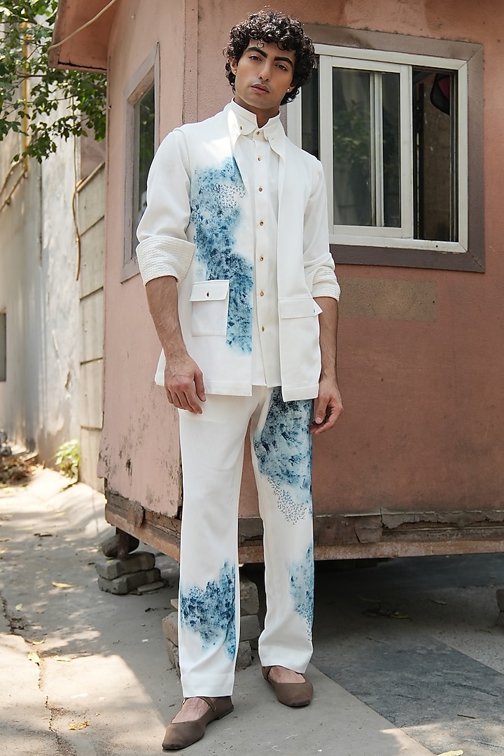 Ivory Knit Linen Hand Painted Shacket by Jatin Malik at Pernia's Pop Up Shop