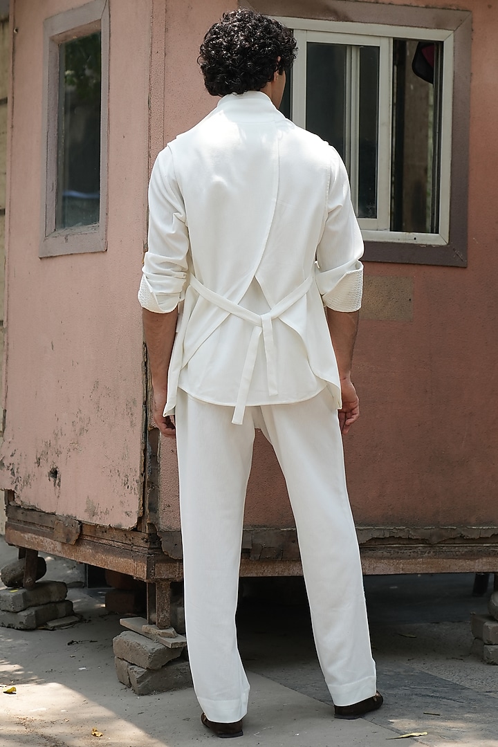 Ivory Knit Linen Hand Painted Shacket by Jatin Malik at Pernia's Pop Up Shop