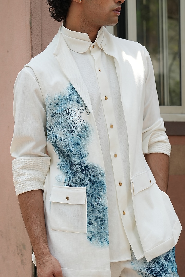 Ivory Knit Linen Hand Painted Shacket by Jatin Malik at Pernia's Pop Up Shop