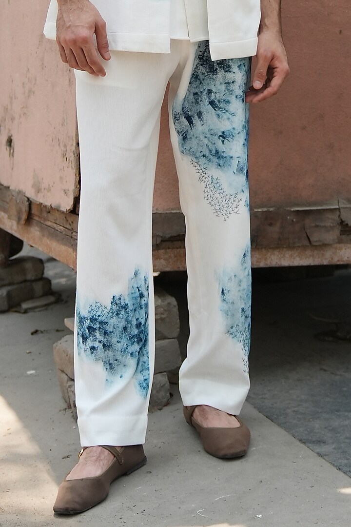 Ivory Knit Linen Hand Painted Trousers by Jatin Malik at Pernia's Pop Up Shop