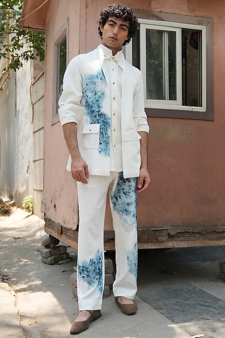 Ivory Knit Linen Hand Painted Shacket Set by Jatin Malik