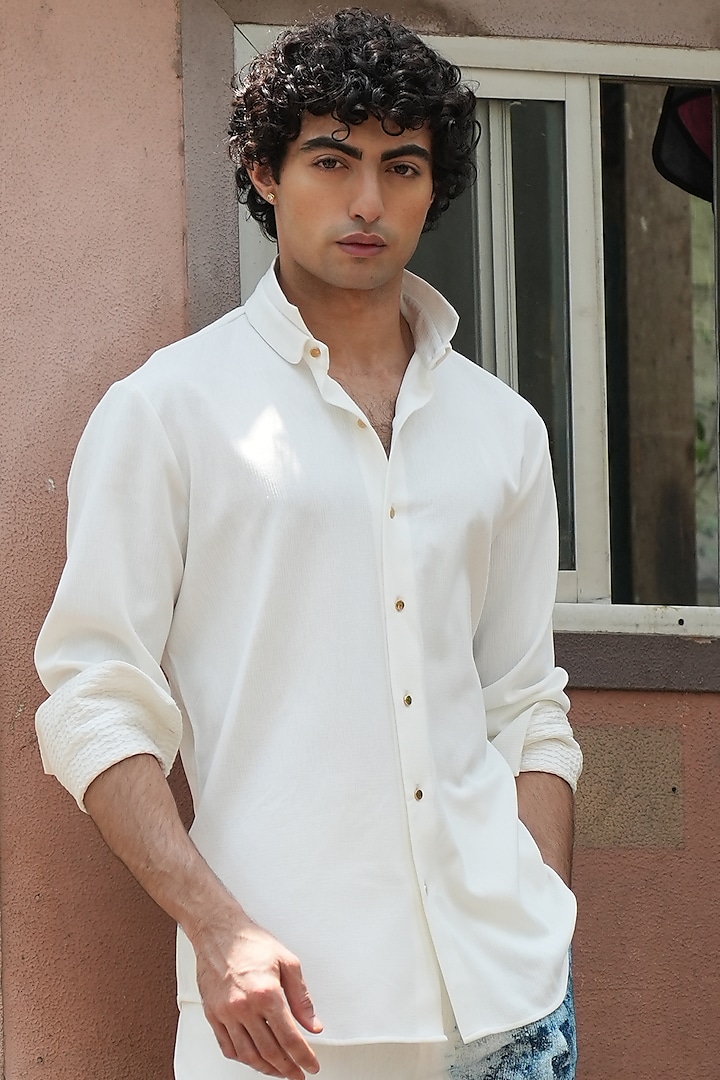 Ivory Knit Linen Hand Painted Shacket Set by Jatin Malik at Pernia's Pop Up Shop