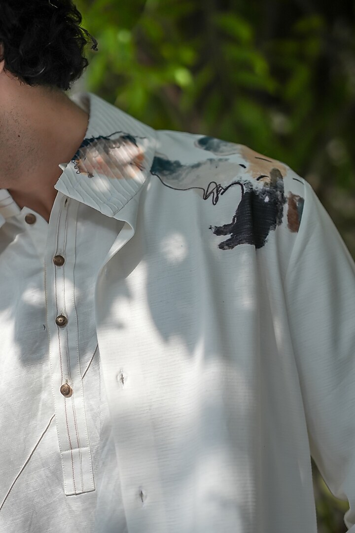 Ivory Knit Linen Abstract Printed OverWedding Shirt by Jatin Malik at Pernia's Pop Up Shop