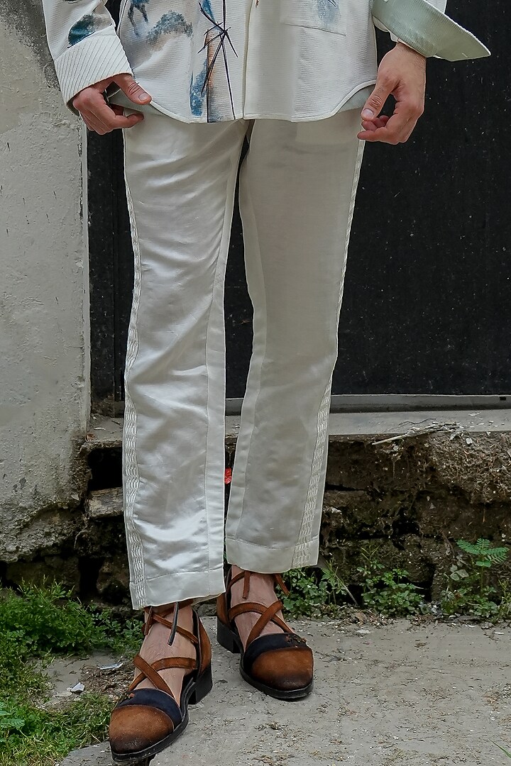 Ivory Knit Linen Pintuck Pant Set by Jatin Malik at Pernia's Pop Up Shop