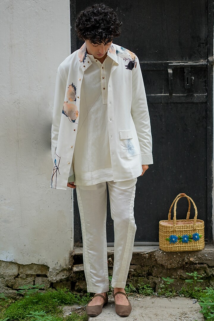 Ivory Knit Linen Pintuck Pant Set by Jatin Malik at Pernia's Pop Up Shop
