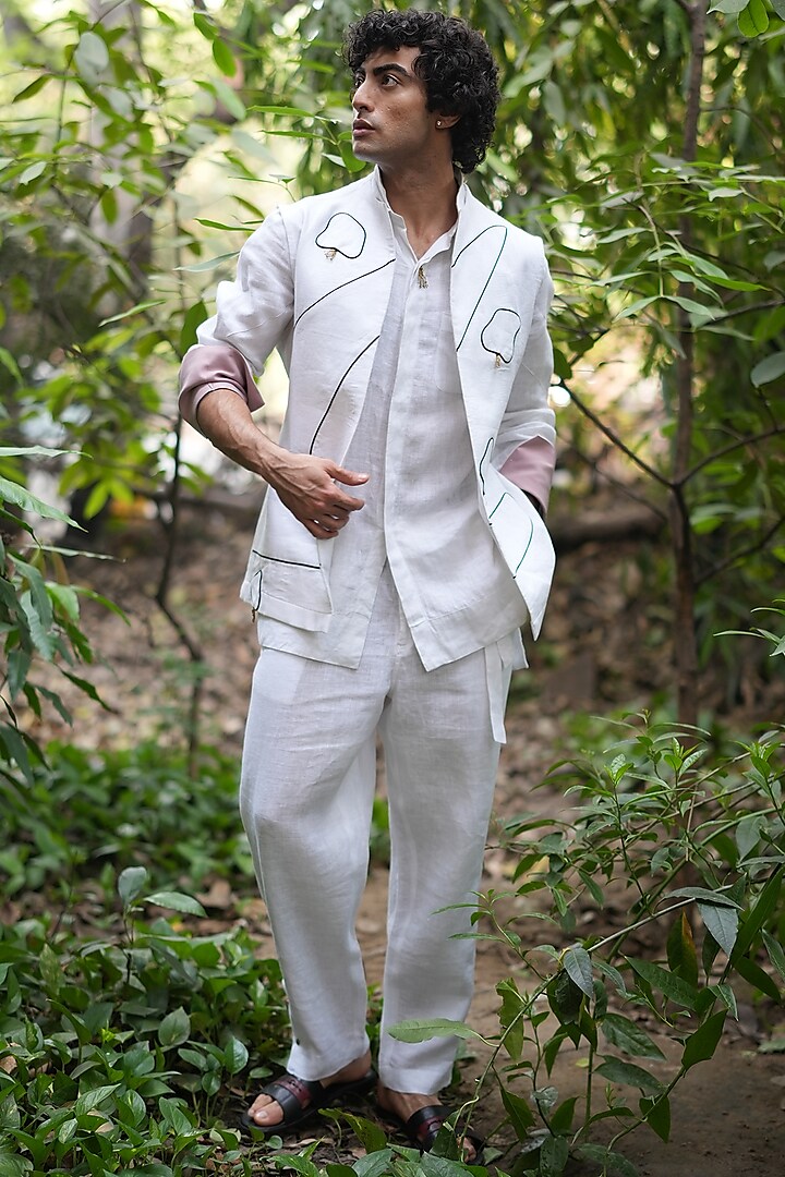 White Cotton Linen Patchwork Shacket by Jatin Malik at Pernia's Pop Up Shop