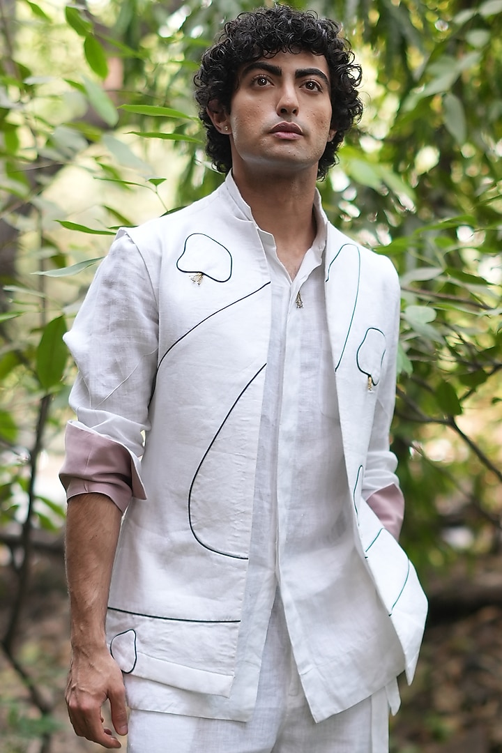 White Cotton Linen Patchwork Shacket by Jatin Malik at Pernia's Pop Up Shop