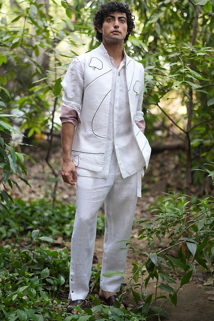 White Cotton Linen Patchwork Shacket by Jatin Malik at Pernia's Pop Up Shop