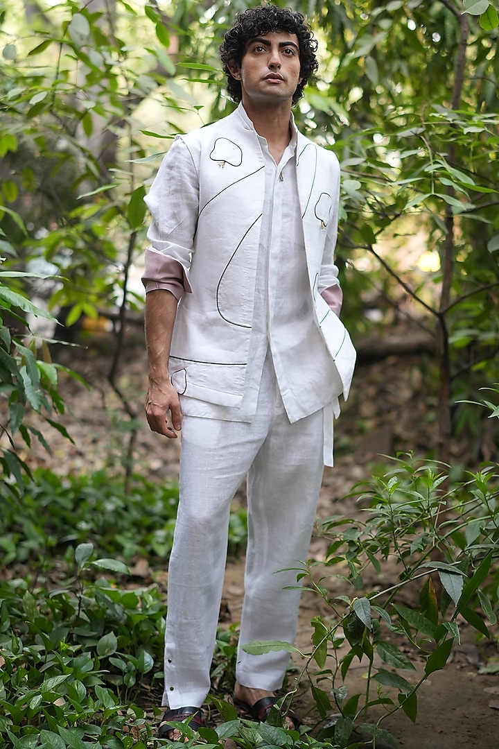 White Cotton Linen Patchwork Shacket Set by Jatin Malik at Pernia's Pop Up Shop